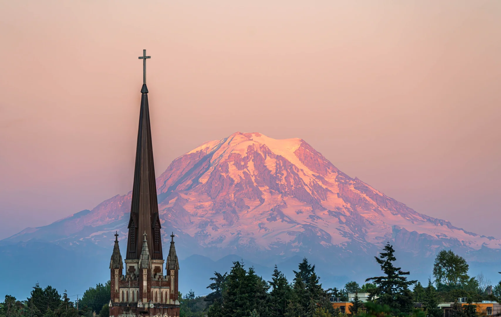 Pink Mount Rainier and the Church