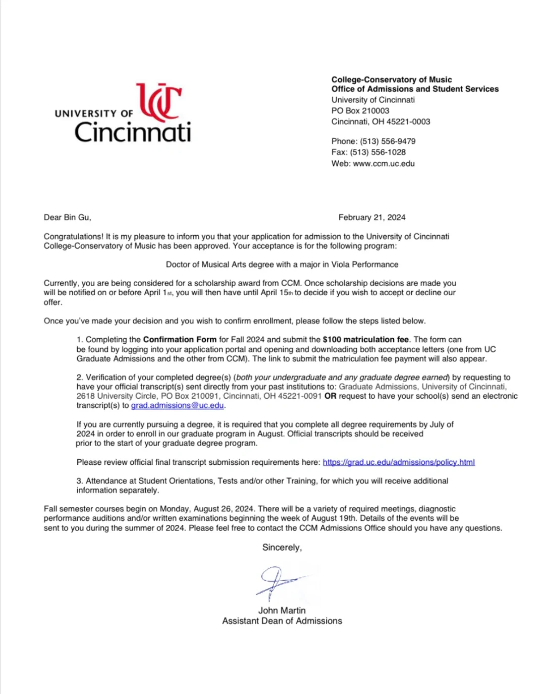 "Viola Doctorate Offer from the Cincinnati College-Conservatory of Music in the USA!!!"